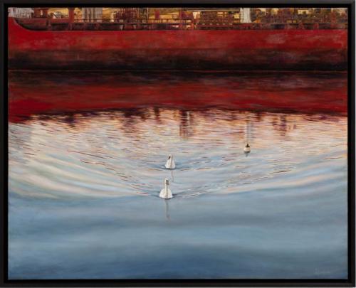 swans, sunset and oil, chemical tanker ship